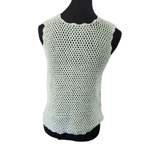 Vintage Boho Crochet Tank Top Shirt S M Green Doily Scallop Loose Weave - Picture 3 of 7